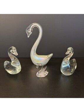 Set Of 4 Clear & Iridescent Glass Swan Figurines Decorative Crystal Accents